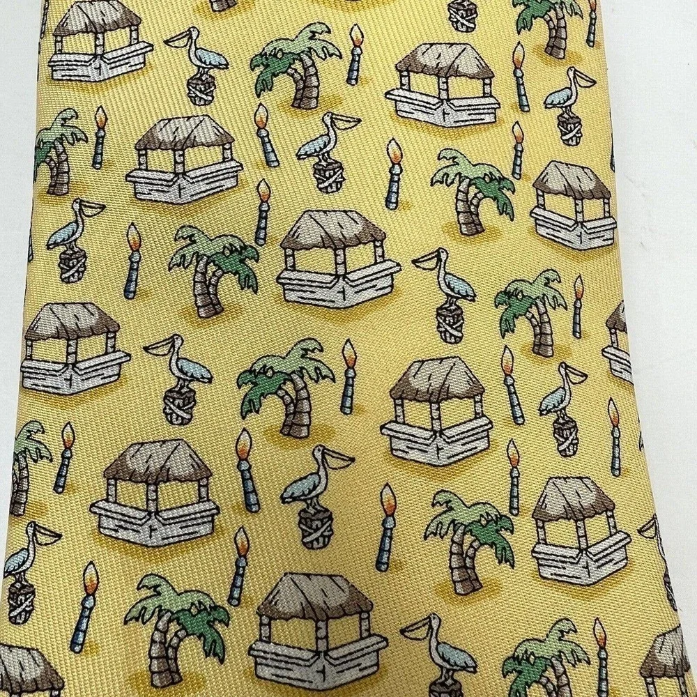 Vineyard Vines Yellow Silk Pelican Fish Tie Necktie Tropoical Palm Trees